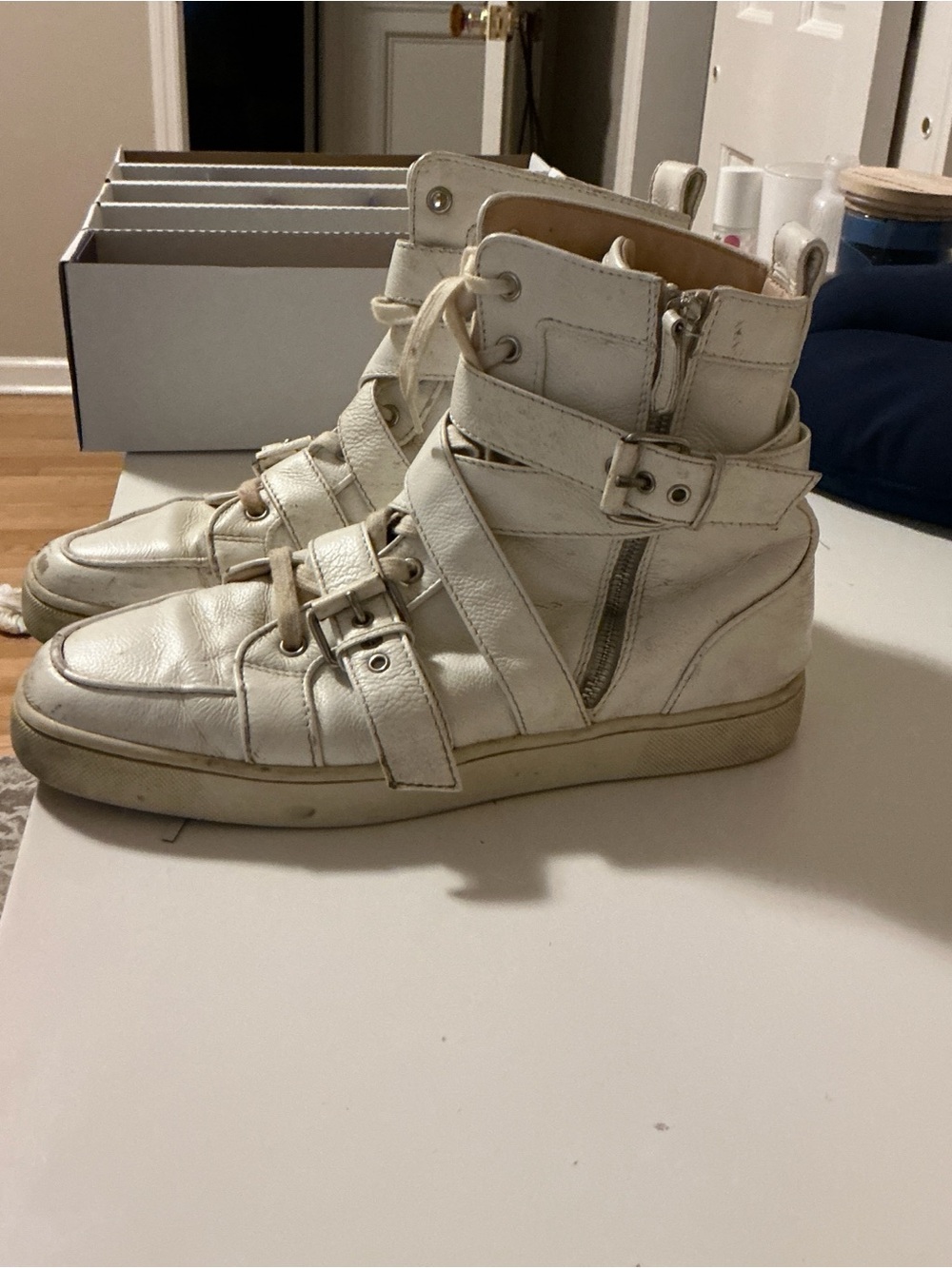 Christian Louboutin White Leather High-Top Strap Sneakers